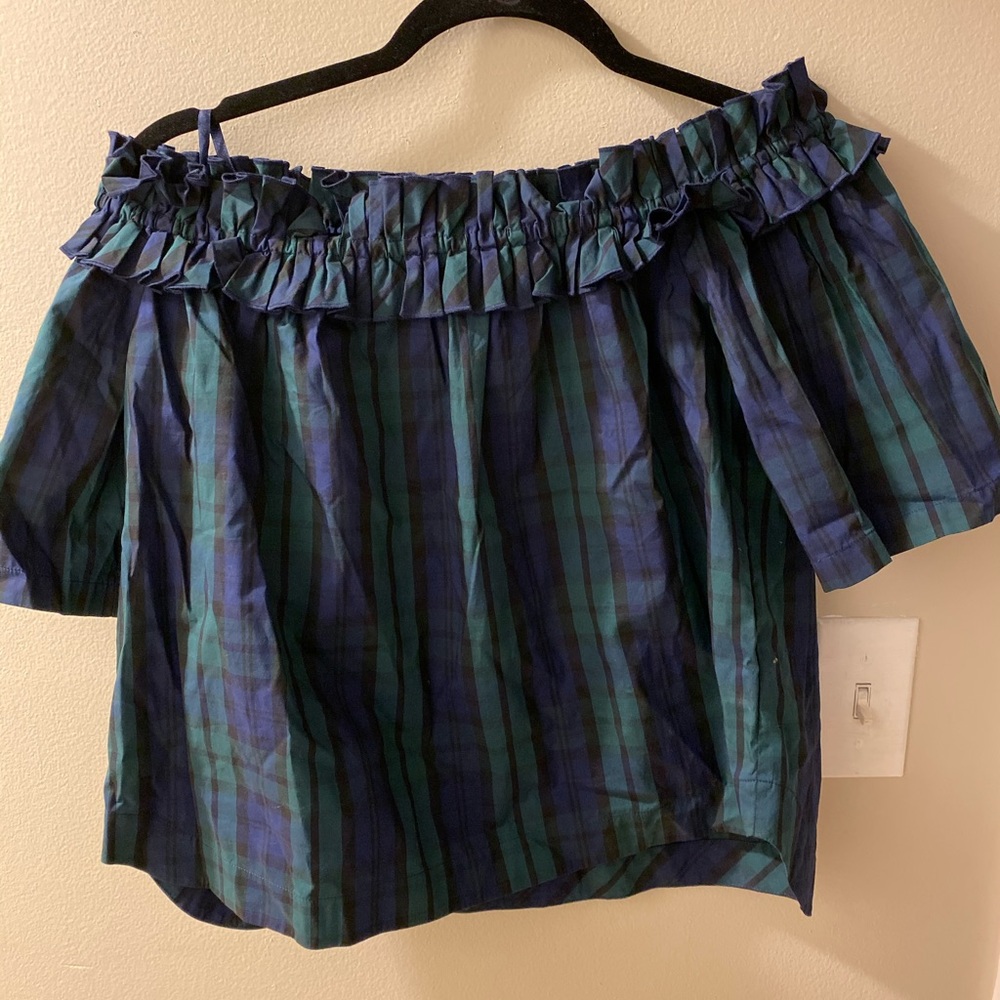 black watch plaid off the shoulder ruffle neck top